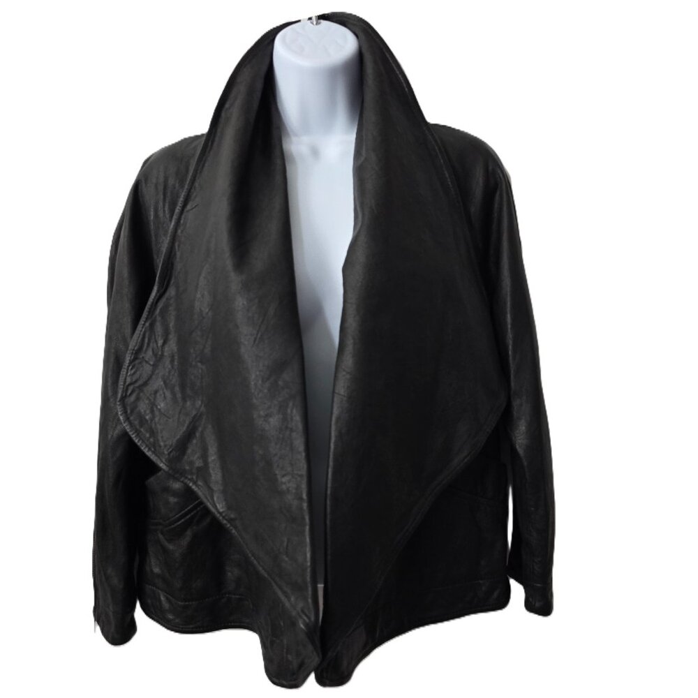 French Connection Leather Moto Jacket 4 XS S Open Waterfall Zip Cuff Black Soft
